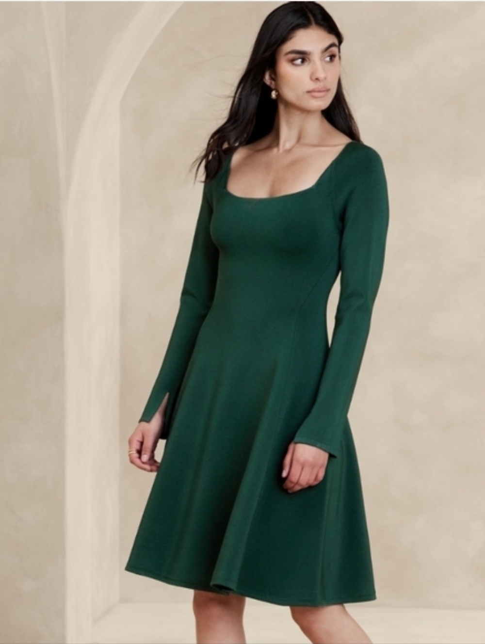 NWT Banana Republic Carolina Sweater Dress Green Square Neck Long Sleeve Flare